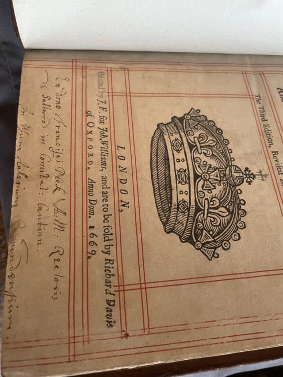 13. Donation note for Francis peck on title page of John Pearson’s Exposition on the Creed (Fol. N 20, London, 1669).