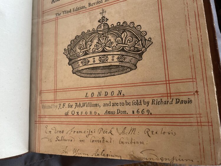 13. Donation note for Francis peck on title page of John Pearson’s Exposition on the Creed (Fol. N 20, London, 1669).