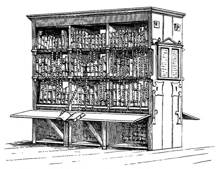 Drawing of Chained book case and reading shelf at Hereford Cathedral Library