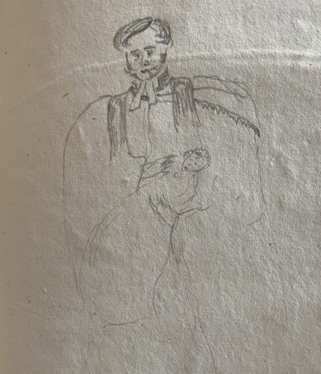 14. Sketch of a priest baptising a baby from end leaf of Fol. N20.