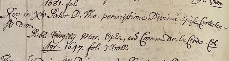 Entry for donation by Thomas Smith of 3 volume Opera by Virgil in List of Library Benefactors prepared by Thomas Hearne (Bod. MS Rawlinson D697)