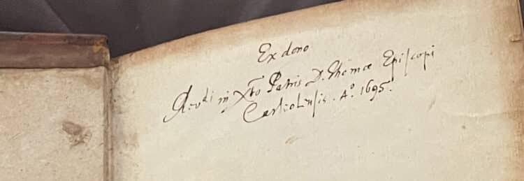 Donation inscription for Thomas Smith in Giovanni Borelli, De Motu Animalium (4° G 7)