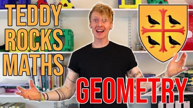 College Lecturer Tom Crawford stands in front of a bookcase to announce the release of the first batch of the Teddy Rocks Maths Essays. Captioned 'Geometry' with the St Edmund Hall crest in the top right hand corner