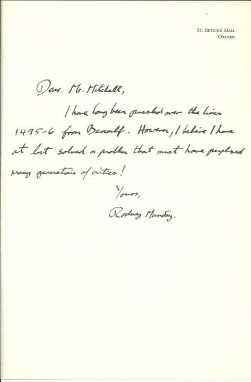 Letter from Rodney Munday to Bruce Mitchell Archives AUL/M 2/1/2