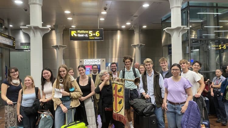 St Edmund Hall choir at airport for Pontigny tour 2025