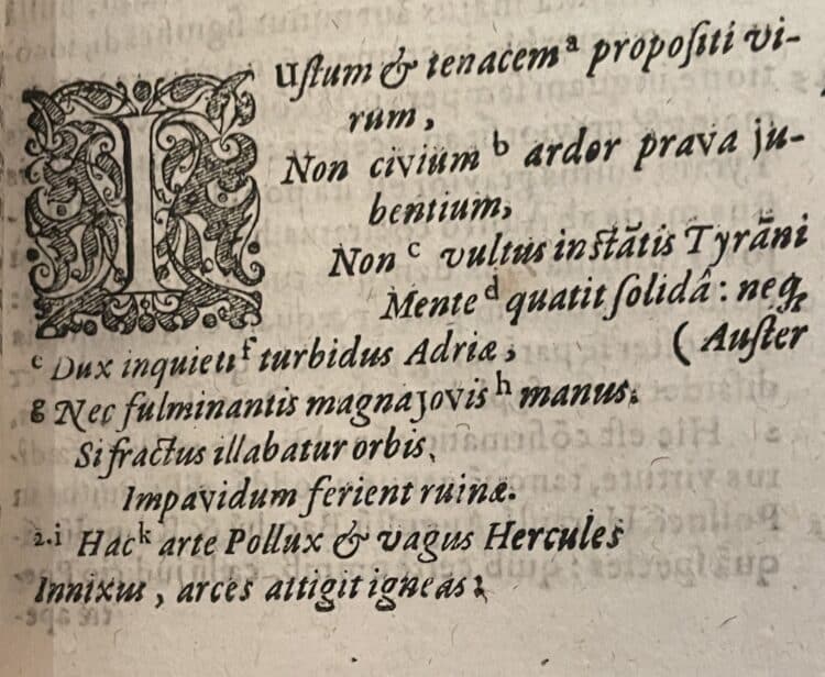 Opening of Ode 3 from Book 3 of Horace’s Odes in etri Gvalterii Chabotii pictonis sanlupensis praelectionum in Q. Horatii Flacci poemata (Basel, 1594 Fol. L 10)