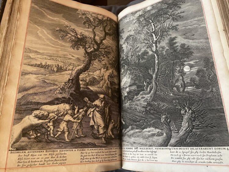 : copperplate illustration of Elisha and the bears from The Holy Bible : containing the bookes of the Old & New Testament (Cambridge, 1681) Shelfmark PP45