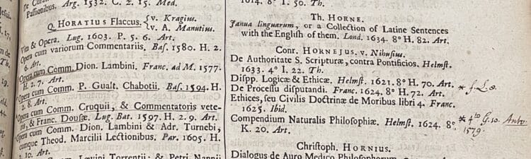 Entry for now lost copy of Horace, Opera (Antwerp, 1579 Shelfmark was 4° G 10) from Catalogus impressorum librorum Bibliothecæ Bodleianæ in Academia Oxoniensi (Oxford 16174 Fol. H12)