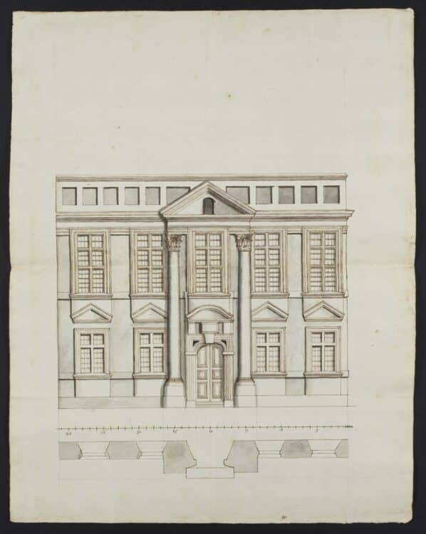Drawing of the Chapel and Library frontage (Cumbria Record Office DMH_10_3_3_2)