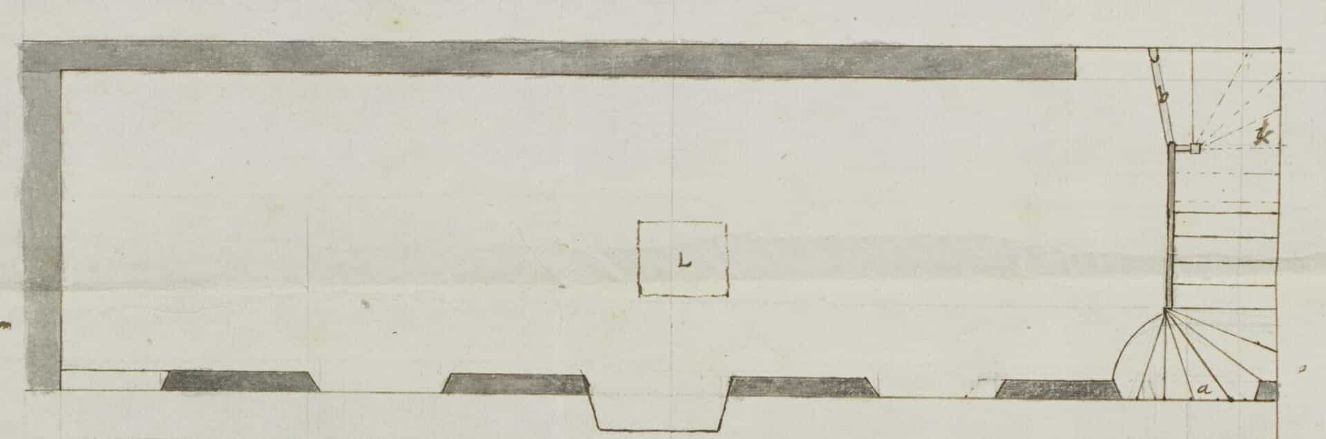 Plan of Old Library main floor and stairs showing width in 1695