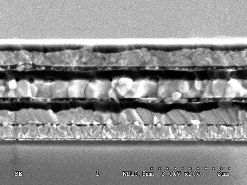 A cross-sectional scanning electron microscopy (SEM) image of an all-perovskite multi-junction solar cell