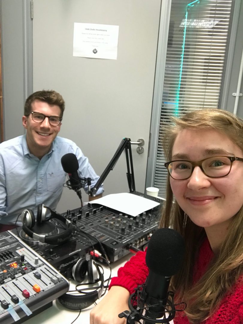 Alice Watson and James O'Donovan in radio studio