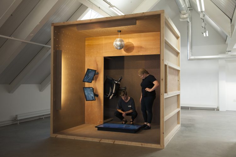 Alistair Debling, together with another Ruskin student, Harriet Boardman, inside his installation Defence Pavilion at the MFA Degree show