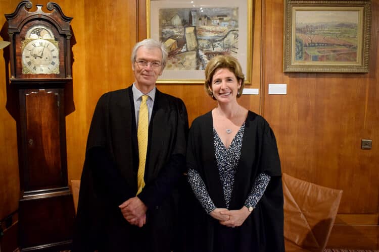 Dr Alyn Shipton (1972, English), Honorary Fellow and Olivia (Olly) Belcher (1999, Geography), St Edmund Fellow before the Swearing in ceremony at St Edmund Hall.