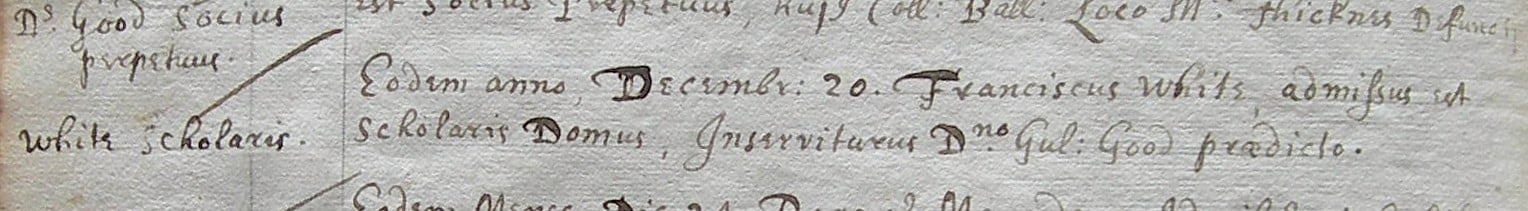 Balliol 1st Latin Register Entry for White's admission Balliol College First Latin Register p.316 - Reproduced by kind permission of the Master and Fellows of Balliol College