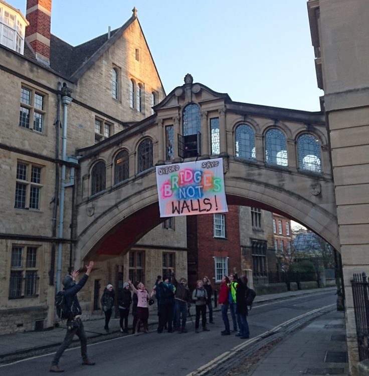 'Bridges not Walls' - a protest banner hung on Oxford's Bridge of Sighs