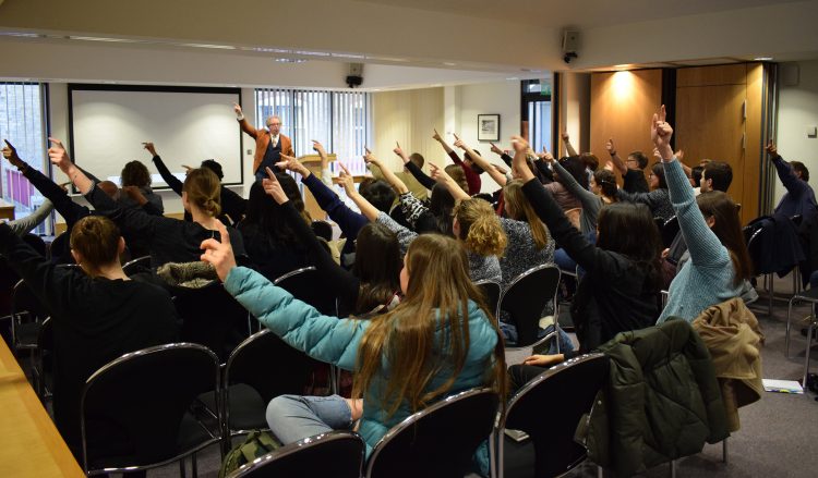 Dr Peter Lovatt getting the audience involved during his talk at the Centre for the Creative Brain event