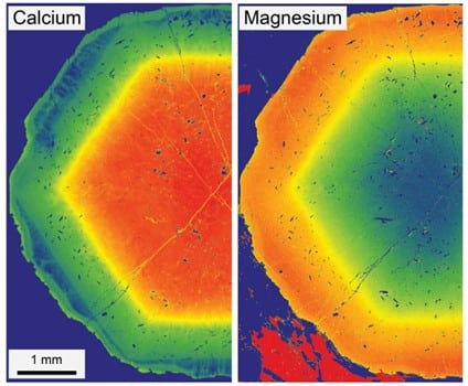 Calcium and Magnesium Comparisons Calcium and magnesium chemical maps of a cross-section of a garnet