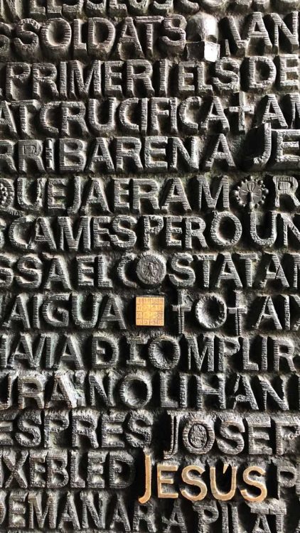Crucifixion play image Carved text about the crucifixion
