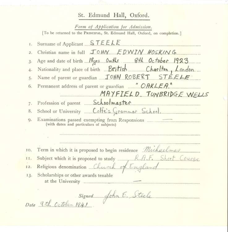 John Steele’s admission application form to St Edmund Hall. Source: St Edmund Hall