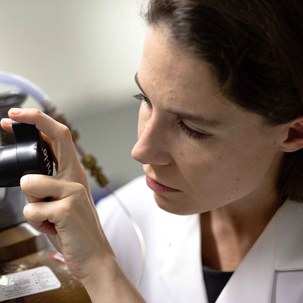 Professor Stride is pictured close up, intently adjusting a piece of laboratory equipment from which runs a narrow, clear, tube secured with valves.