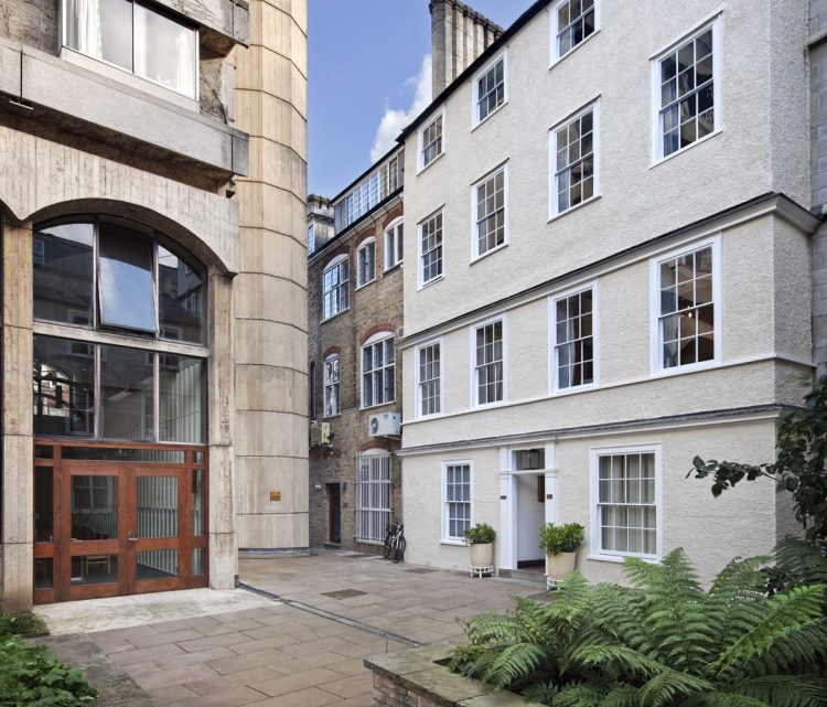 Photography by Dan Paton of the refurbished Besse Building at St. Edmunds Hall, University of Oxford by architects Original Field Entrance to staircase 8