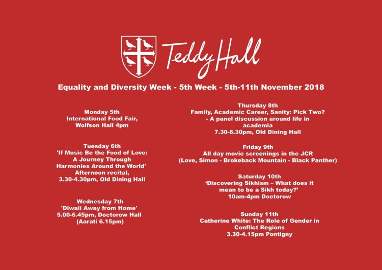 The schedule for Equality and Diversity Week at Teddy Hall, 2018