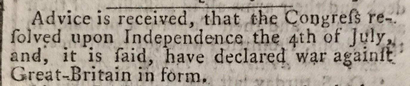Extract from the 1776 Lloyds Evening Post announcing the American Declaration of Independence