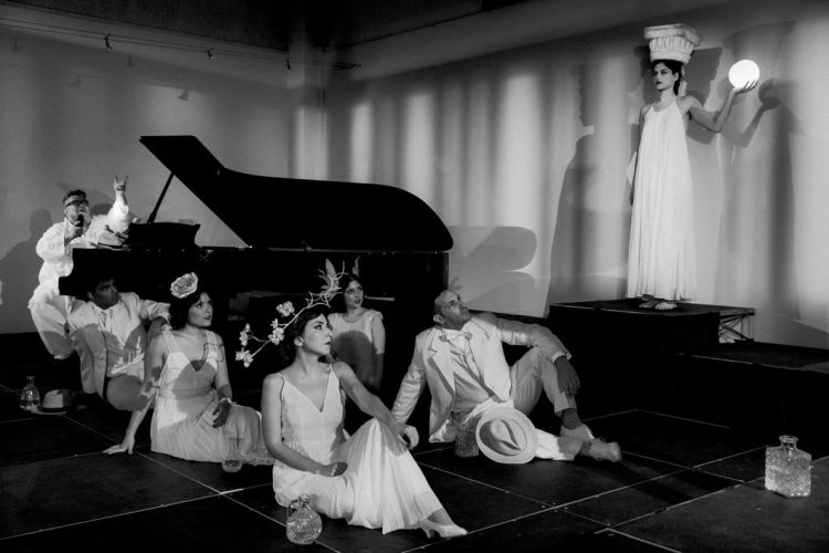 Faidra Faitaki with fellow cast members on stage in 'Six Nights On the Acropolis'