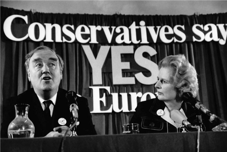 Conservative politicians Margaret Thatcher and William Whitelaw campaigning for EEC membership in 1975