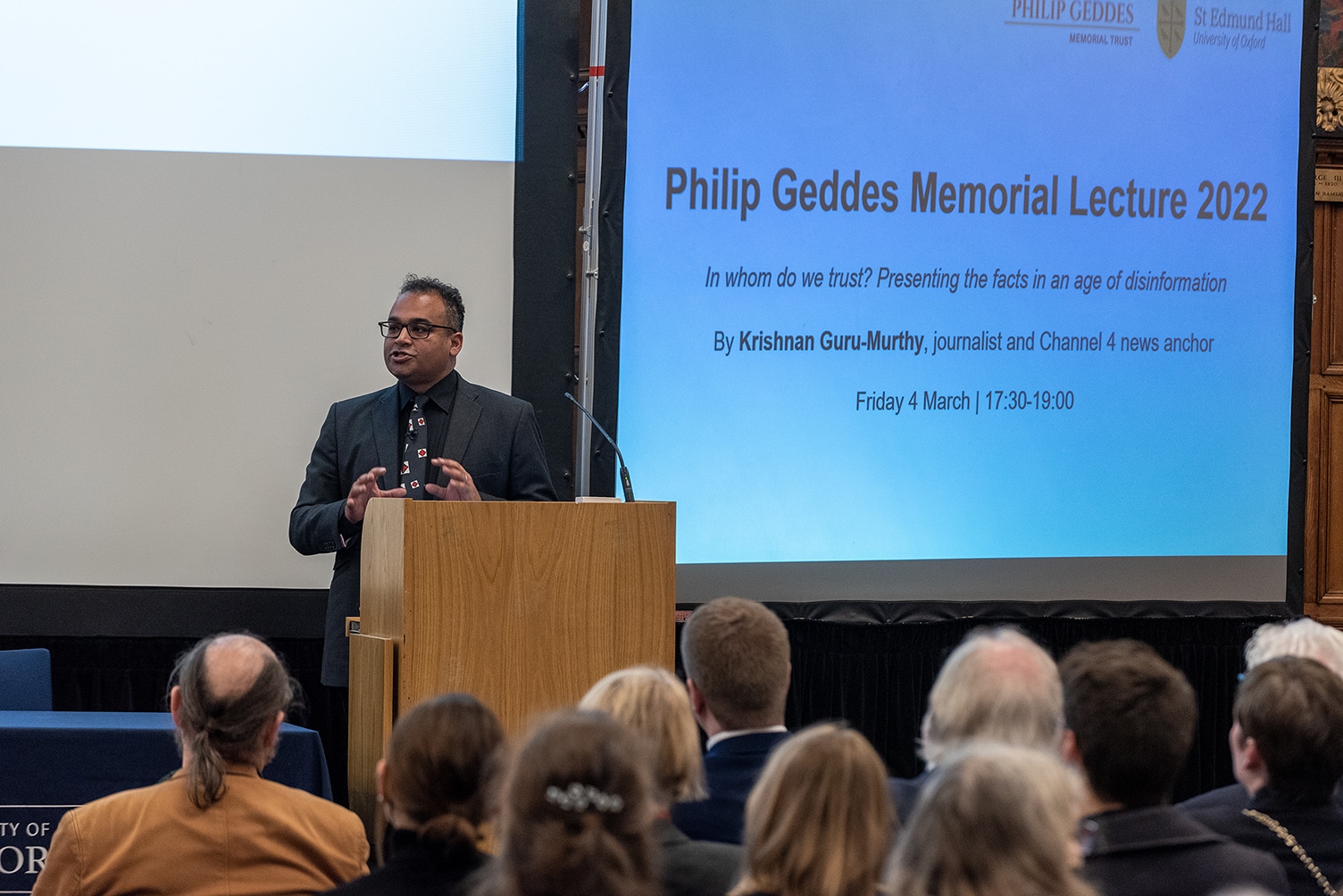 Krishnan Guru-Murthy speaking in the Examinations Schools, Oxford.