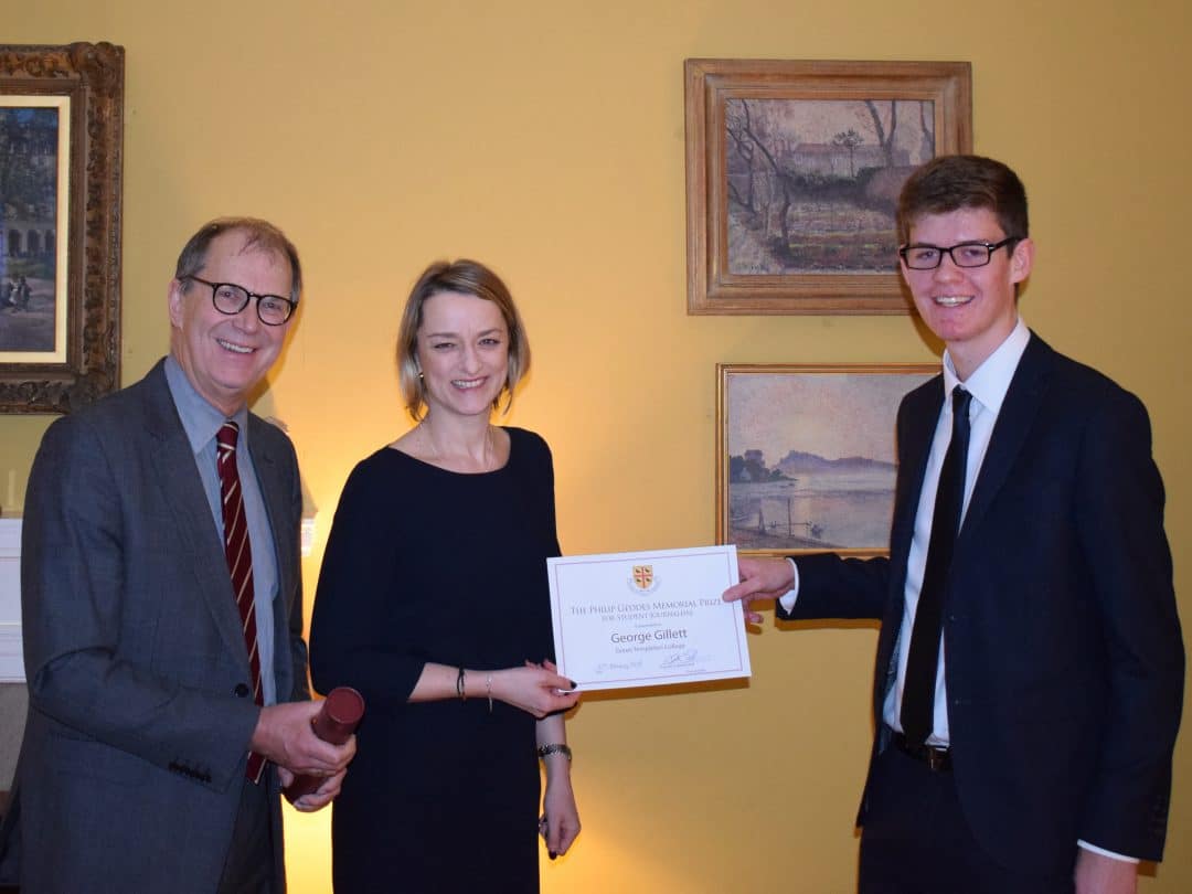 The 2018 winner of the Geddes Prize, George Gillett The 2018 Geddes Prize winner, George Gillett, receiving his award from journalist Laura Kuenssberg