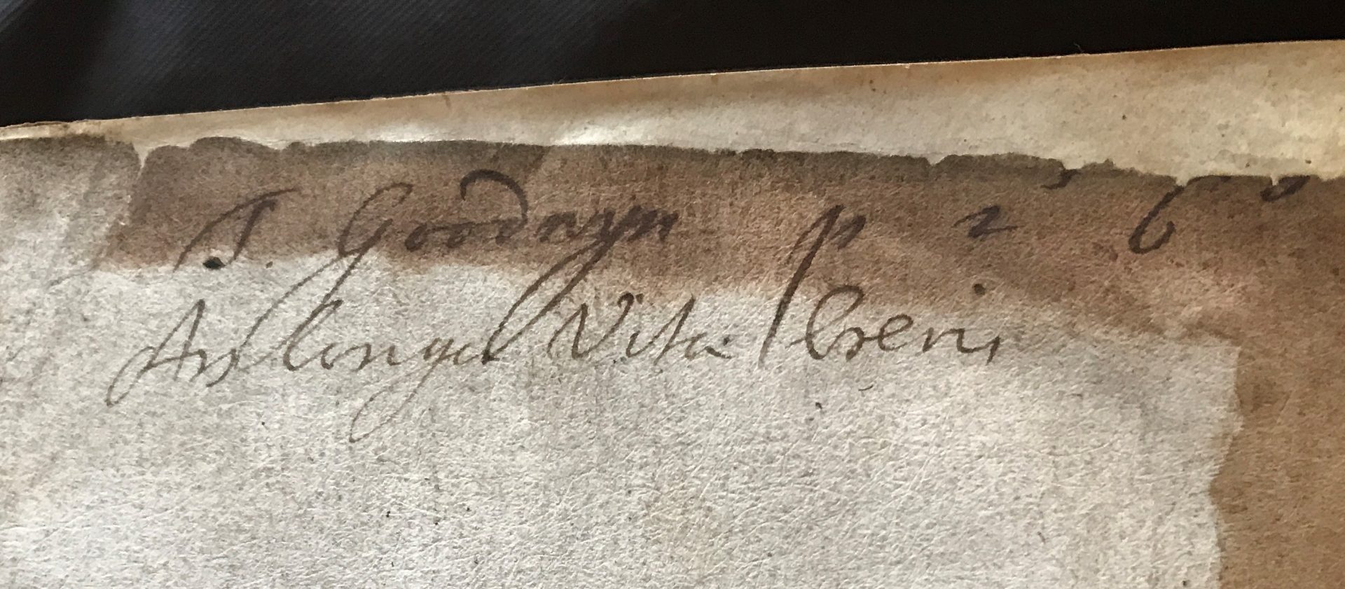 Ownership inscription of Timothy Godwyn in the flyleaf of 4o G 18