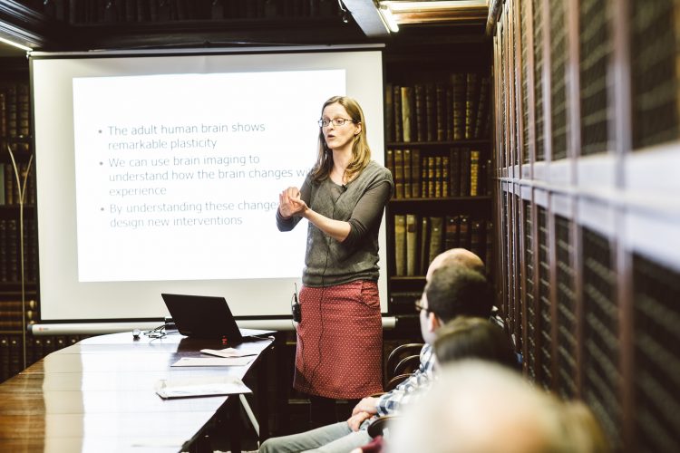 Heidi Johansen-Berg giving a short talk in the Old Library at the St Edmund Hall Research Expo