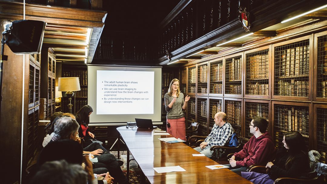 Heidi Johansen-Berg giving a talk at the St Edmund Hall Research Expo, in the College's Old Library