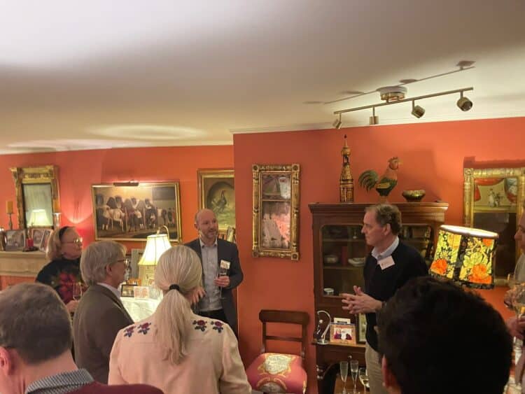 Professor Robert Wilkins, Senior Tutor, and Andrew Vivian, Director of Development, address guests at the New York Drinks Reception on Thursday 7 December, kindly hosted by Betsy and Peter Newell (1961, Jurisprudence)