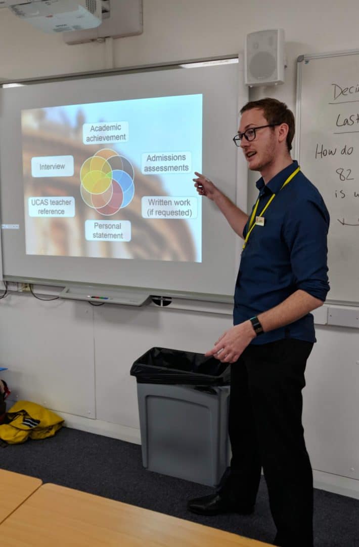 Schools Liaison Officer Luke Maw delivering a talk to Year 11 students from Kibworth School at Robert Smyth Academy