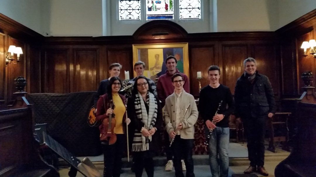 The Instrumental Award winners in the College Chapel with Director of Music, Chris Bucknall