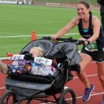 Jessica Bruce, running with her two young children in a buggy