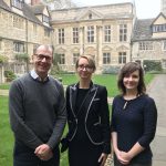 Keith Gull, Daryna Dvornichenko and Ilona Mostipan in St Edmund Hall's Front Quad