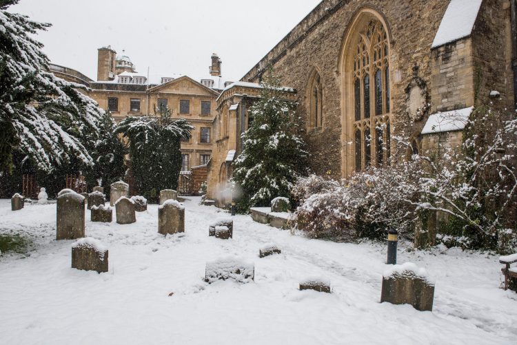 The College Library, the converted church of St Peter-in-the-East, in the snow