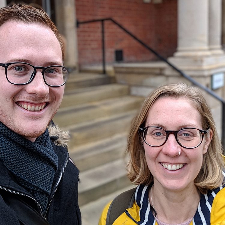 Luke Maw and Amber Cuttill outside one of the schools on the Outreach Roadshow 2018 in Leicestershire