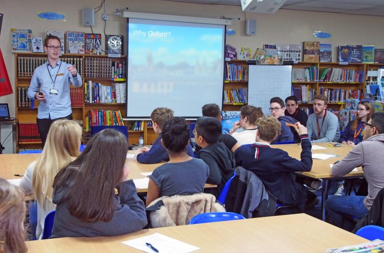 Schools Liaison Officer Luke Maw, giving a talk at De Lisle College in Loughborough