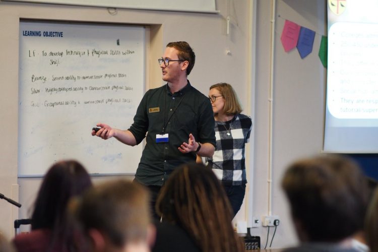 Luke Maw and Amber Cuttill speaking to students about applying to Oxford, at De Lisle College