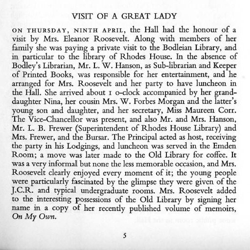 Magazine article re. Eleanor Roosevelt 'Visit of a Great Lady' in the St Edmund Hall Magazine