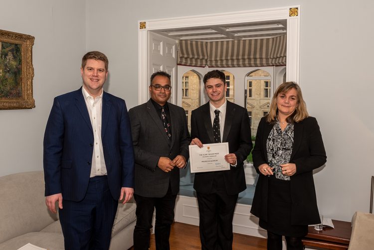 Mauricio Alencar prize winner with Principal, Peter Cardwell and Krishnan Guru-Murthy