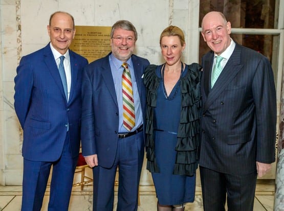 Left to right: Dr Paul LeClerc (Voltaire scholar and former President of the New York Public Library), Professor Nicholas Cronk, Professor Caroline Weber (Professor of French Literature at Columbia University), Miles Young (Warden of New College)