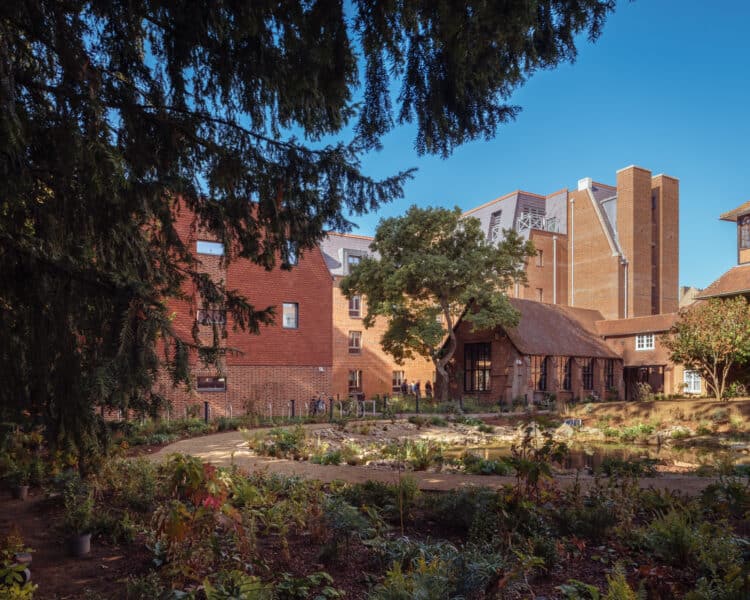 View of the development from The Stafford Pond, showing the combination of old and new architecture. Photo credit: Jim Stephenson.