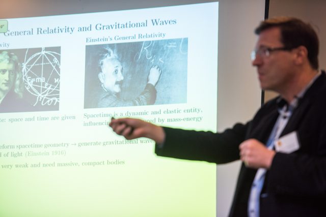 Physics tutor Professor Philipp Podsiadlowski giving a talk on gravitational waves