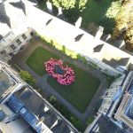 Members of the College community form a poppy shape in the Front Quad